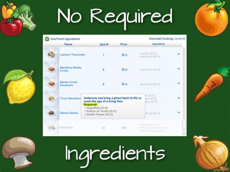New <b>Ingredients</b> List: Pork Poultry Red Meat Tofu Shrimp Milk Butter Cheese Eggs Flour Dough Bread Pasta Sugar Oil Flavor Extract Popcorn Kernels Marshmallows All new <b>ingredients</b> are Base Game Compatible. . Sims 4 no ingredients mod